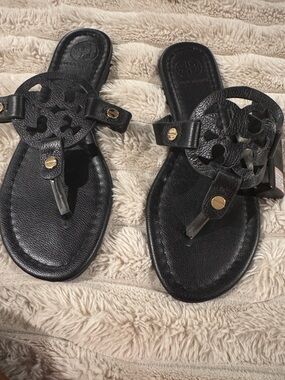 Tory Burch Black Leather Logo Thong Sandals